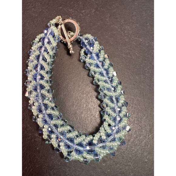 Vintage Blue & Green Crystal Beaded Chevron Braid Toggle Bracelet Y2K - Picture 8 of 15